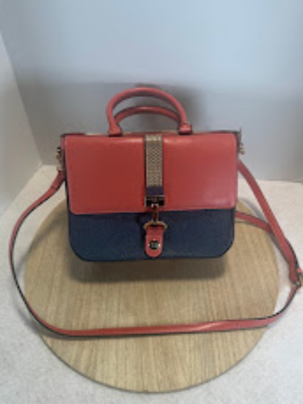 Nicole Lee USA Colorblock Satchel Handbag Navy Coral Pink Vegan Leather